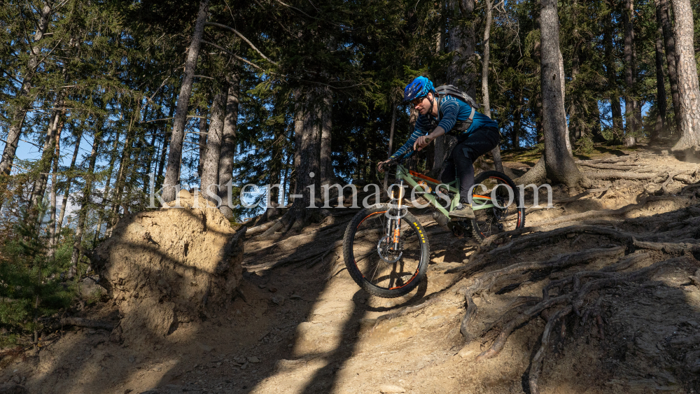 Mountainbiker, Downhiller /  Viller Kopf, Paschberg, Vill, Innsbruck, Tirol, Austria by kristen-images.com