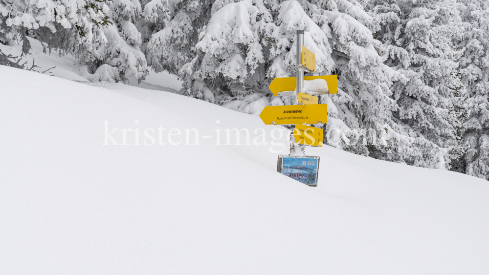 zugeschneites Wanderwegschild am Berg / Patscherkofel, Tirol, Austria by kristen-images.com