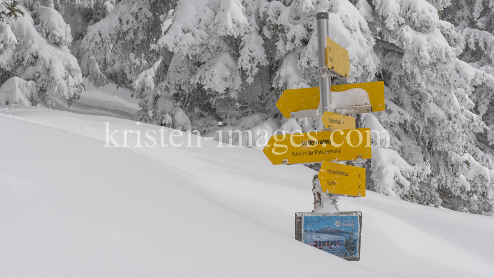 zugeschneites Wanderwegschild am Berg / Patscherkofel, Tirol, Austria by kristen-images.com