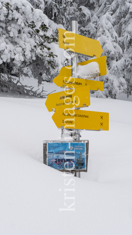 zugeschneites Wanderwegschild am Berg / Patscherkofel, Tirol, Austria by kristen-images.com