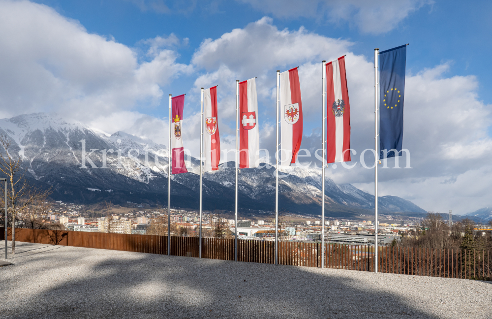Fahnen der Europaregion Tirol, Südtirol, Trentino / Bergisel, Innsbruck, Tirol, Österreich by kristen-images.com