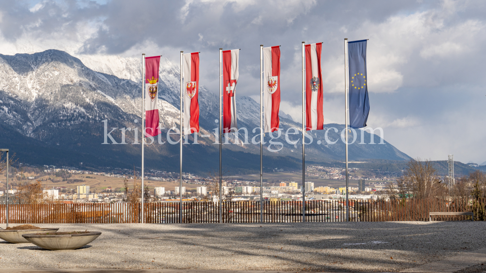 Fahnen der Europaregion Tirol, Südtirol, Trentino / Bergisel, Innsbruck, Tirol, Österreich by kristen-images.com