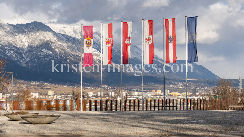 Fahnen der Europaregion Tirol, Südtirol, Trentino / Bergisel, Innsbruck, Tirol, Österreich by kristen-images.com