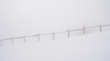 zugeschneiter Zaun im Nebel