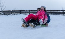 Kinder rodeln mit ihren Schneetellern