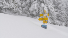 zugeschneites Wanderwegschild am Berg / Patscherkofel, Tirol, Austria